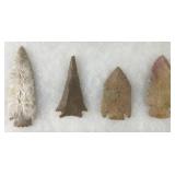 4 Native American arrowheads, 3.75ï¿½-5.5ï¿½ long