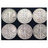 6 Walking Liberty Silver Half Dollars, 1942 with