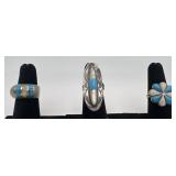 3 Navajo Sterling and Turquoise rings, sizes: 4,