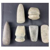 6 Native American stone tools, celts and axe