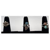 3 Navajo Sterling, Turquoise & Coral rings,