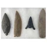4 Native American blades and arrowhead in display