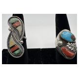 2 Navajo Sterling Coral & Turquoise rings, sizes: