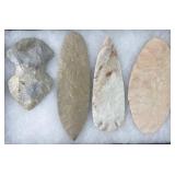 4 Native American blades & spears, 5ï¿½-7.5ï¿½ long