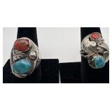 2 Navajo Sterling coral and turquoise rings,