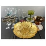 Group of decorated glass, glasses, bowl, pitcher
