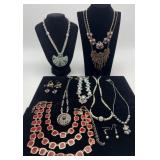 Group of fashion jewelry, necklaces and earrings
