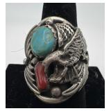 Navajo Sterling Coral & Turquoise ring, size: 10