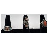 3 Navajo Sterling Coral and Turquoise rings,