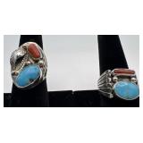 2 Navajo Sterling Coral & Turquoise rings,