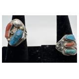 2 Navajo Sterling Coral & Turquoise rings, sizes: