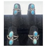 4 Navajo Sterling & Turquoise rings, sizes: 3, 3,