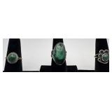 3 Navajo Sterling and Malachite rings, sizes: 6,