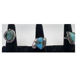 3 Navajo Sterling & Turquoise rings, sizes: 6, 6