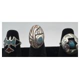 3 Navajo Sterling coral and turquoise rings,