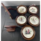 5 framed porcelain decorative plates and 2 Bombay