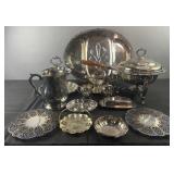 Collection of silver plate tableware, pitcher,