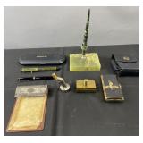 Group of desk accessories, fountain pens, match