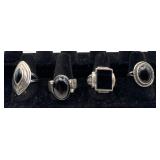 4 Sterling & Black Onyx rings, sizes: 7, 7 1/2, 9