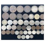 44 foreign coins, 2 Victoria Gothic Florin,