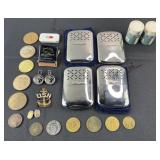 Group of tokens, 4 JC Higgins lighters, 14k gold