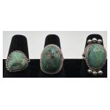 3 Navajo Sterling and turquoise rings, sizes: 5,