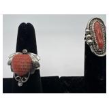 2 Navajo Sterling & Coral rings, sizes: 1 1/2 &