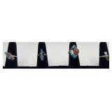4 Navajo Sterling Coral & Turquoise rings, sizes: