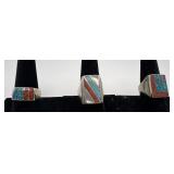 3 Navajo Sterling Coral & Turquoise rings, sizes: