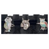 3 Sterling Owl rings, sizes: 5 1/2, 2 at 6 1/2,