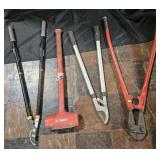 Bolt cutters, sand mallet and 2 loppers