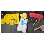 Yellow plastic storage cups, sponges, bubble wrap