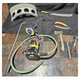 Fiskar machete, hatchet, hammer, transfer pump,