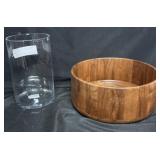 glass flower bouquet holder. acacia wood salad