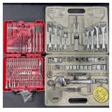 Group of tools, bit set, sockets, wrenches and