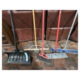 Long handled tools: snow shovel, 3 push brooms