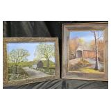 Framed art on canvas. Country road scene signed