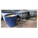 Planters. 2 ceramic blue and 2 concrete black
