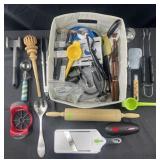 Group of utensils, storage tote & more