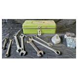 Small Metal Tool box w/ wrenches, chalk line and
