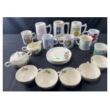Group of decorated porcelain, mugs, steins, cups