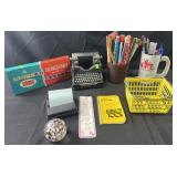 Group of pencils, pens, Zimmerman glass