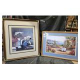 Framed prints. Flower scene and cottage on water