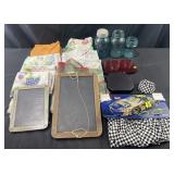 Antique chalkboard, tablecloths, towels, Mason