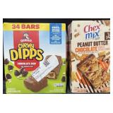 34-1.09oz Quaker chewy dips & 20-1.13oz Chex Mix