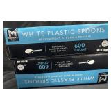 Two packs of 600 count white plastic spoons.