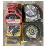 Collection of new and used saw blades, rolling