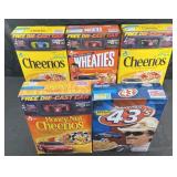5 vintage NASCAR cereal boxes, 4 with die-cast