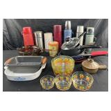 Group of thermoses, pots & pans, dishes, bakeware