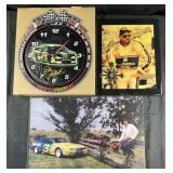 2 vintage Dale Earnhardt clocks and print